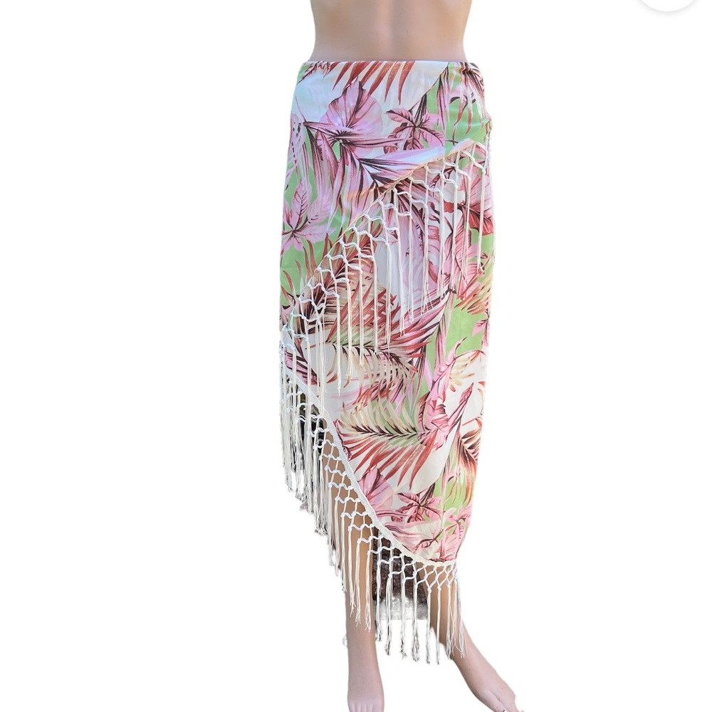 Shein Tropical Print Asymmetrical Fringe Hem Faux Wrap Skirt